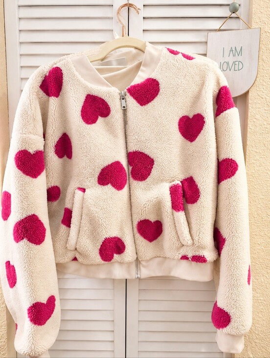 No Boundaries Jackets & Blazers - No Boundaries Cream Sherpa Zip-Up Cropped Jacket with Red Heart Print Size XL
